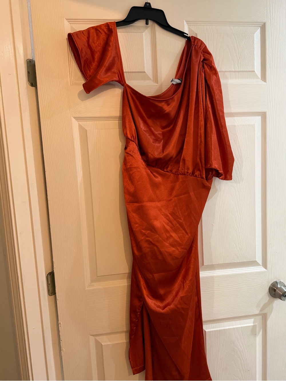 PrettyLittleThing Rust Red One-Shoulder Satin Dress